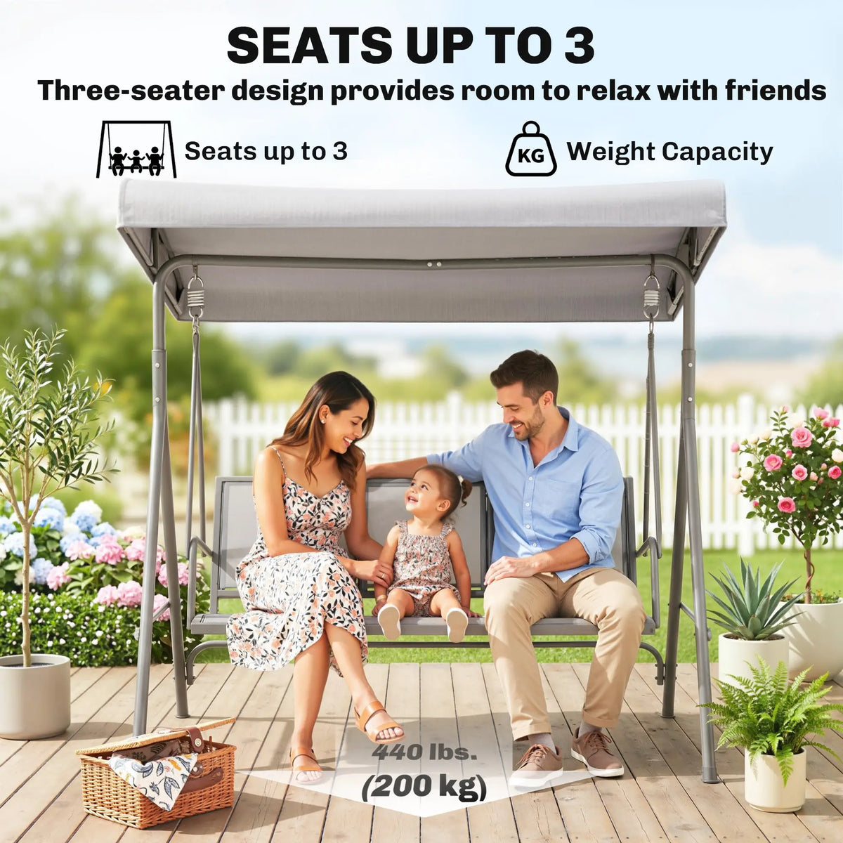 Chaise Balançoire 3 Places, Hamac de Jardin à Cadre en A, Toit Ajustable, Gris