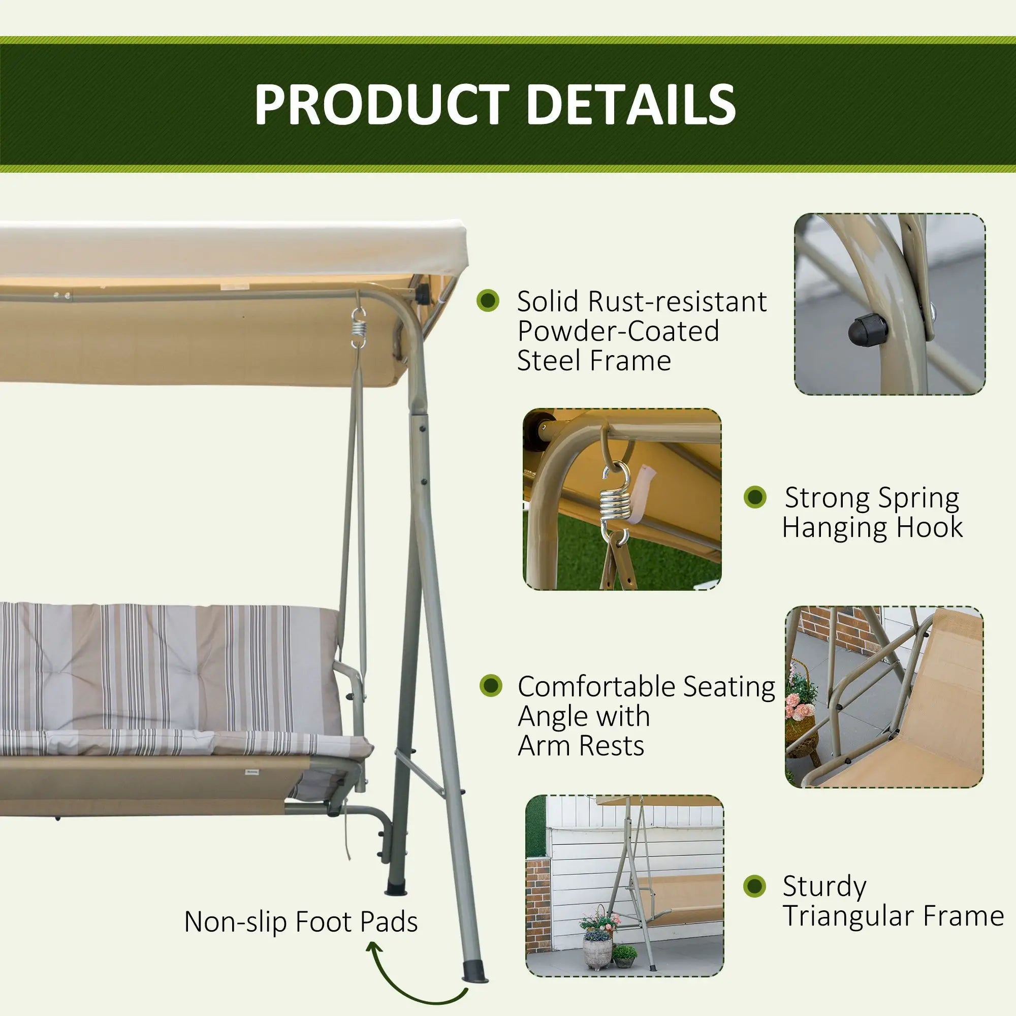 3-Seat Patio Swing Chair, Adjustable Canopy, Light Brown Patio Swings with Stand at Gallery Canada