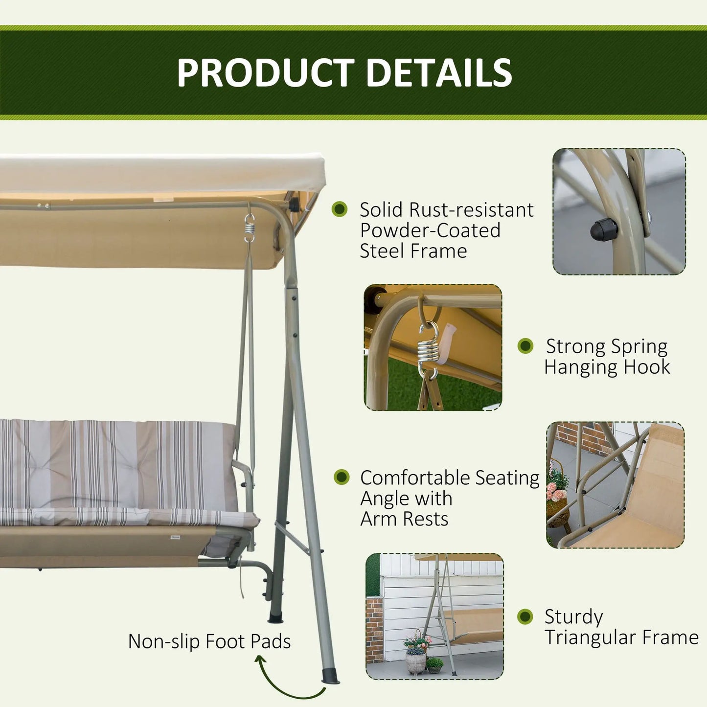 3-Seat Patio Swing Chair, Adjustable Canopy, Light Brown Patio Swings with Stand at Gallery Canada