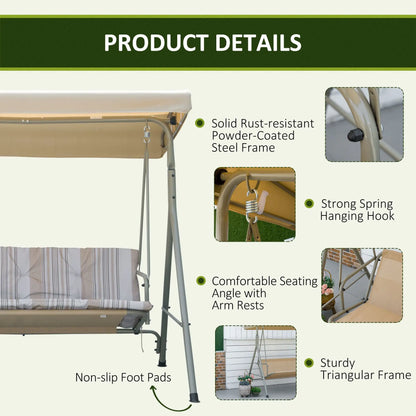 3-Seat Patio Swing Chair, Adjustable Canopy, Light Brown Patio Swings with Stand at Gallery Canada