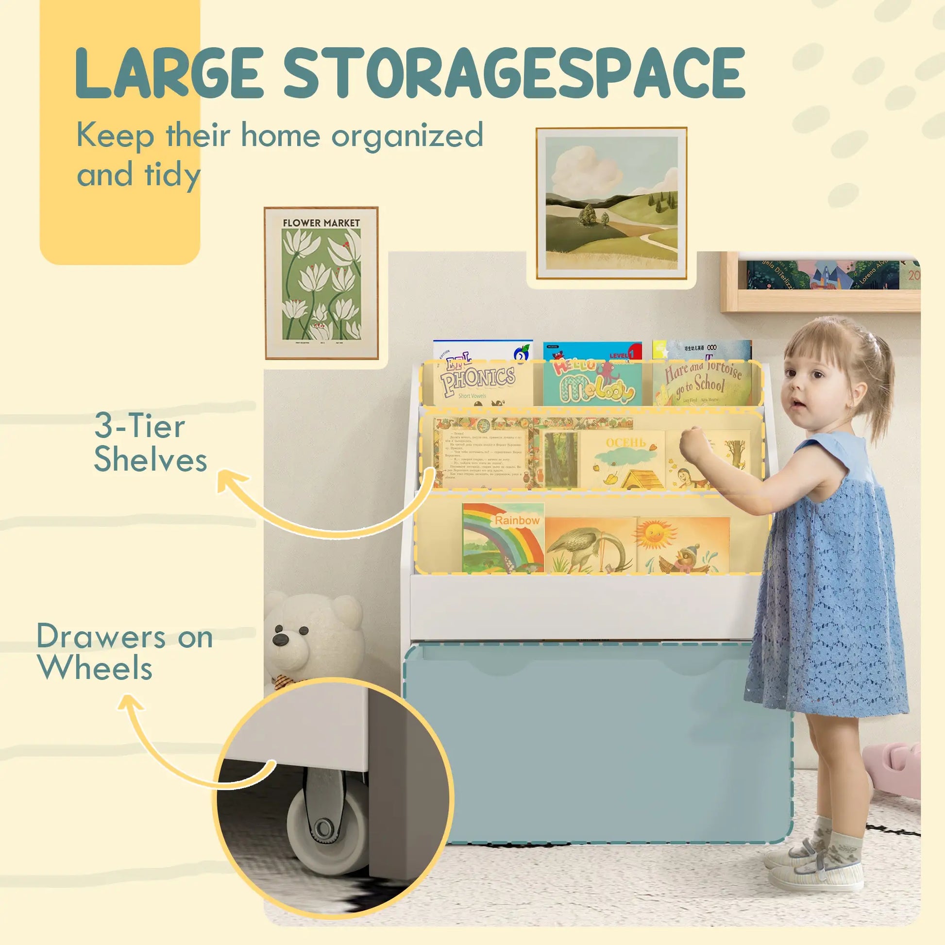 Kids Bookshelf, 3 Tier Display Shelves, Drawer, White Baby & Kids Storage at Gallery Canada