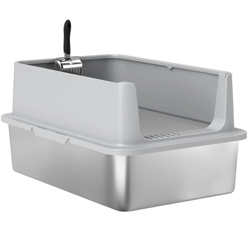 XL Stainless Steel Cat Litter Box, High Wall, Scoop Included, Easy Clean