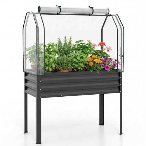 Galvanized Raised Garden Bed With Legs, Greenhouse Cover, Black