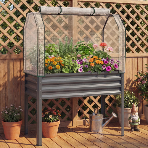 Galvanized Raised Garden Bed With Legs, Greenhouse Cover, Gray