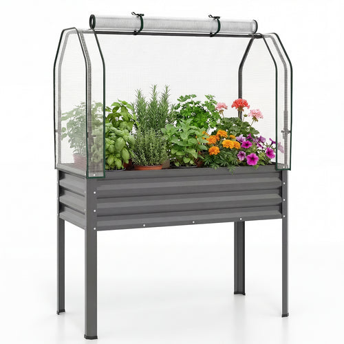 Galvanized Raised Garden Bed With Legs, Greenhouse Cover, Gray