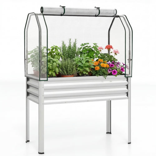 Galvanized Raised Garden Bed With Legs, Greenhouse Cover, Silver