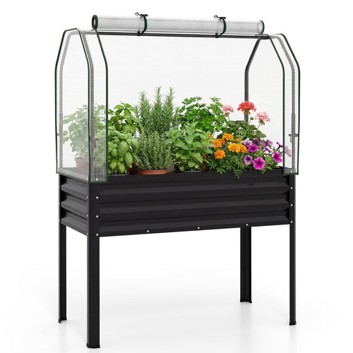 Galvanized Raised Garden Bed With Legs, Greenhouse Cover, Black