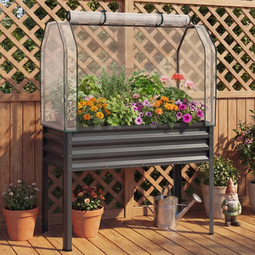 Galvanized Raised Garden Bed With Legs, Greenhouse Cover, Gray