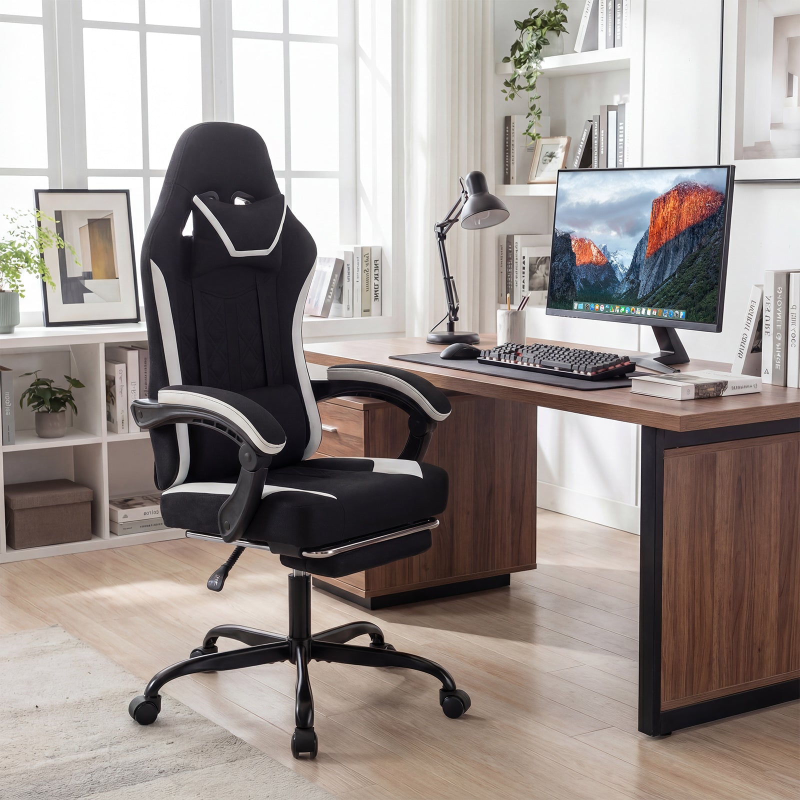 Gaming Chair Height Adjustable Computer Chair with Headrest Footrest & 360° Swivel Seat, Black Gaming Chairs at Gallery Canada