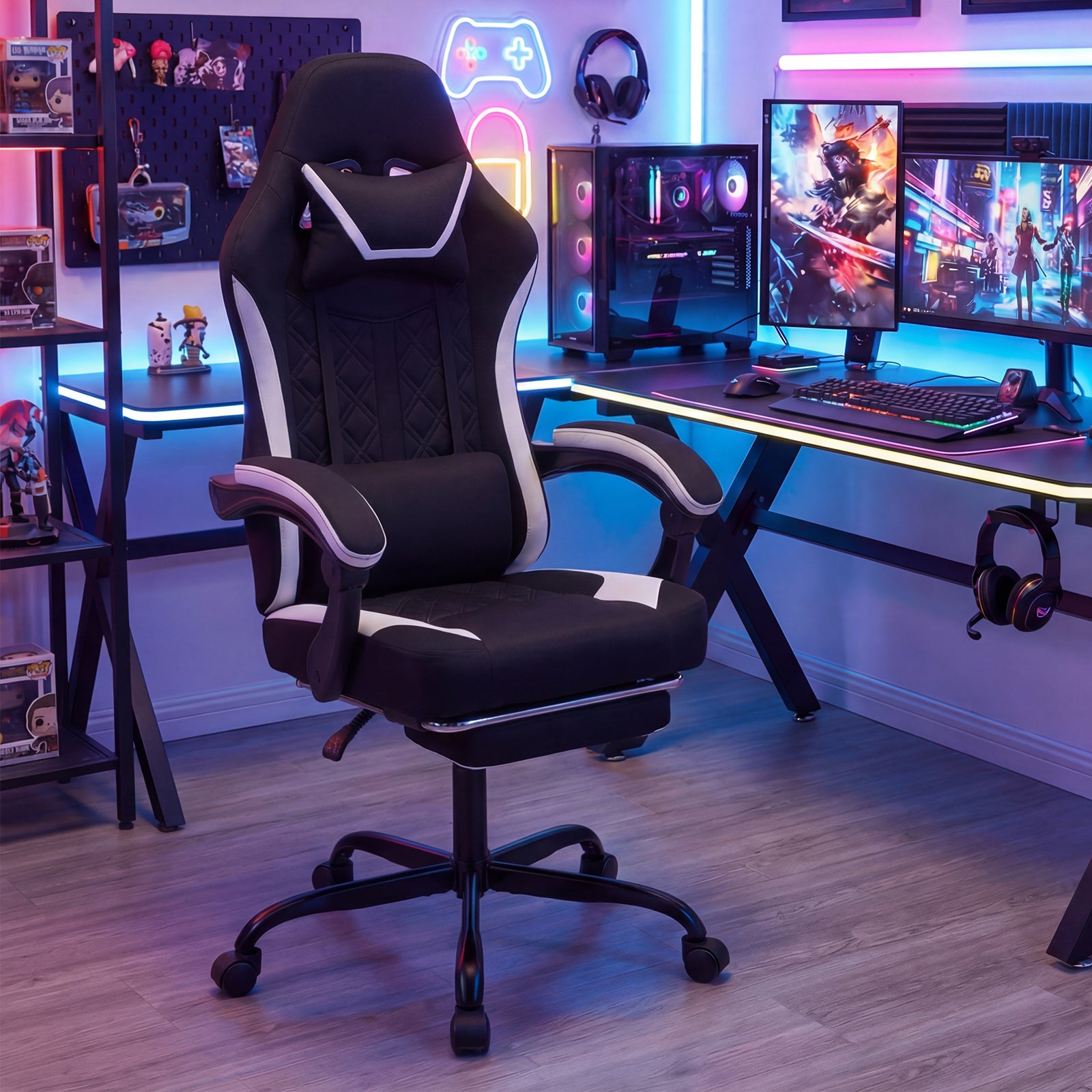Gaming Chair Height Adjustable Computer Chair with Headrest Footrest & 360° Swivel Seat, Black Gaming Chairs at Gallery Canada
