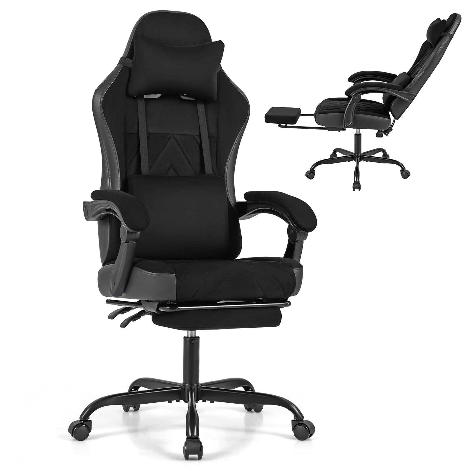 Gaming Chair Height Adjustable Computer Chair with Headrest Lumbar Support Linkage Armrests, Black Gaming Chairs at Gallery Canada
