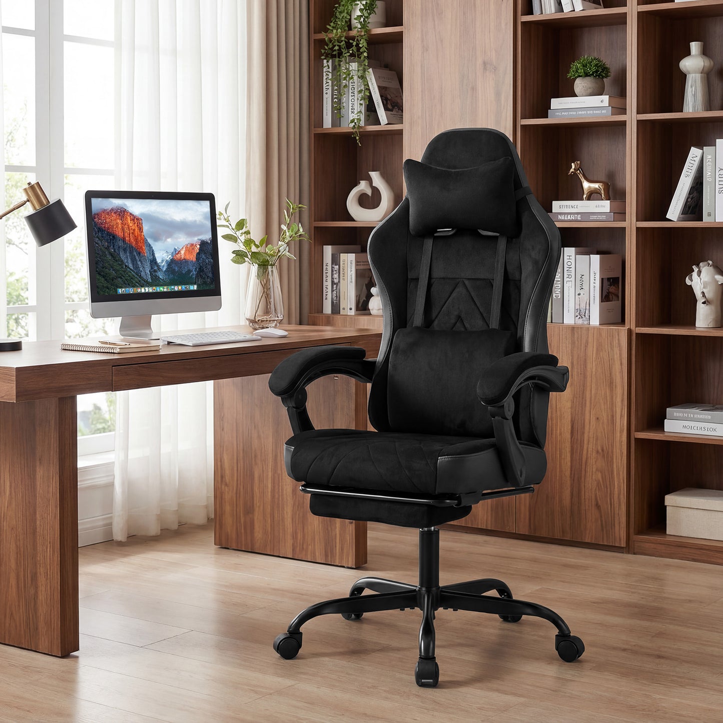 Gaming Chair Height Adjustable Computer Chair with Headrest Lumbar Support Linkage Armrests, Black Gaming Chairs at Gallery Canada