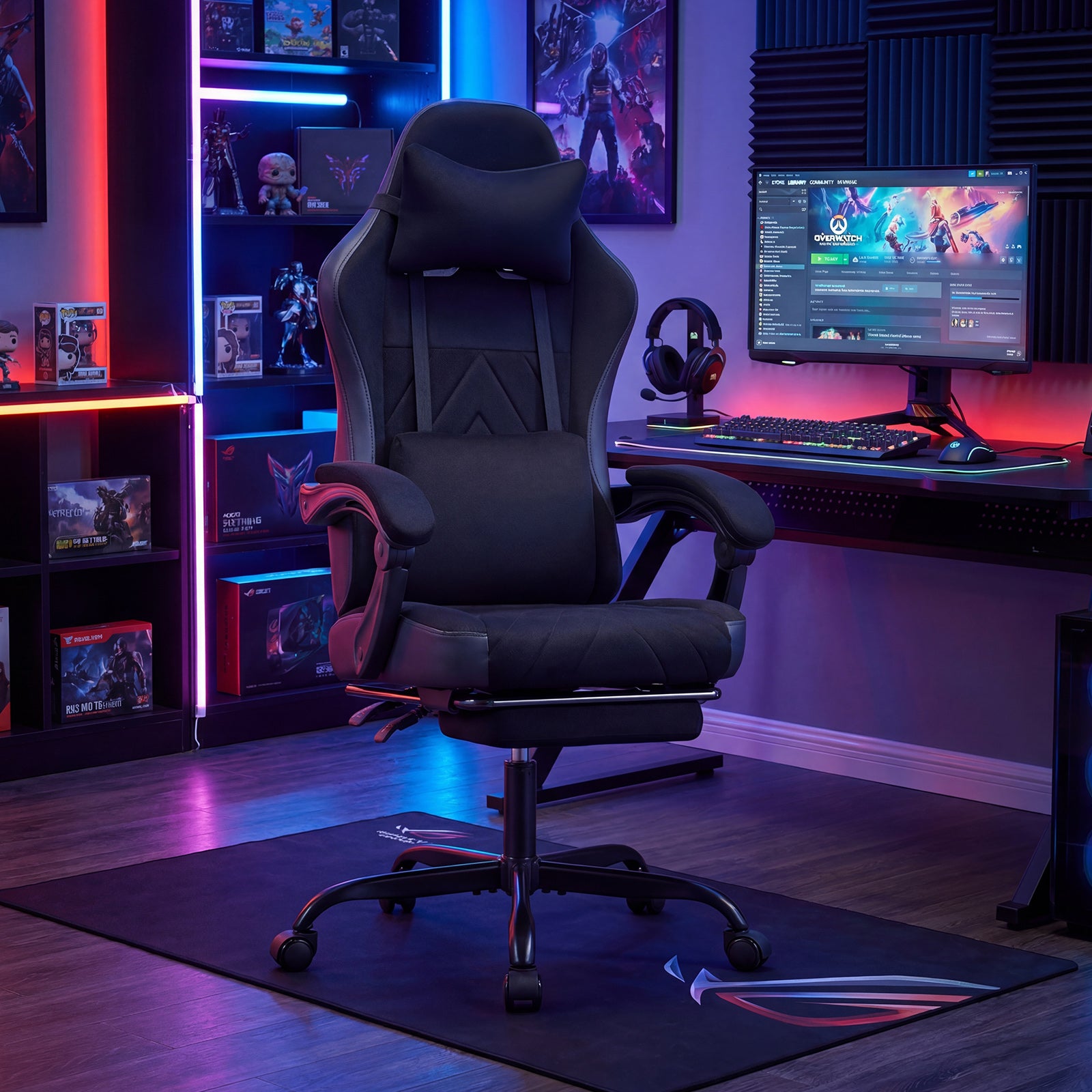 Gaming Chair Height Adjustable Computer Chair with Headrest Lumbar Support Linkage Armrests, Black Gaming Chairs at Gallery Canada