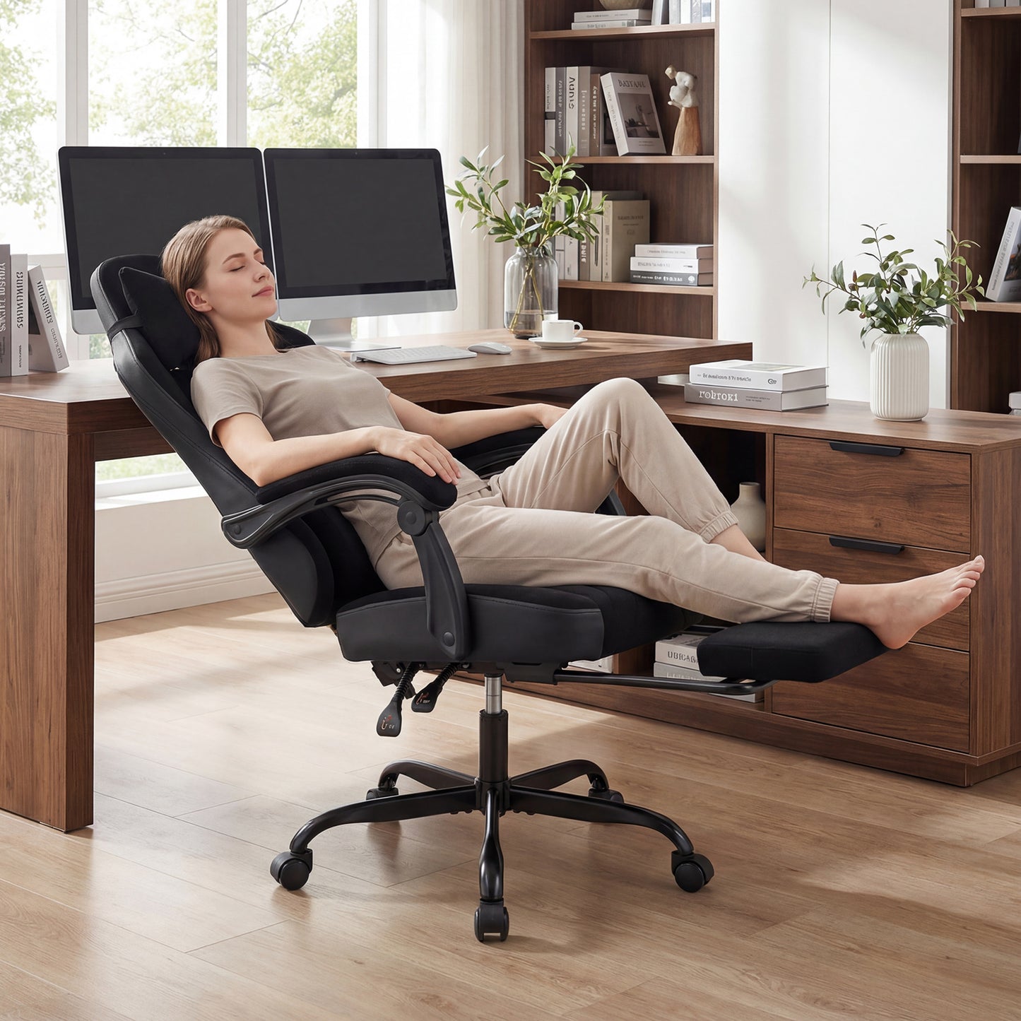 Gaming Chair Height Adjustable Computer Chair with Headrest Lumbar Support Linkage Armrests, Black Gaming Chairs at Gallery Canada