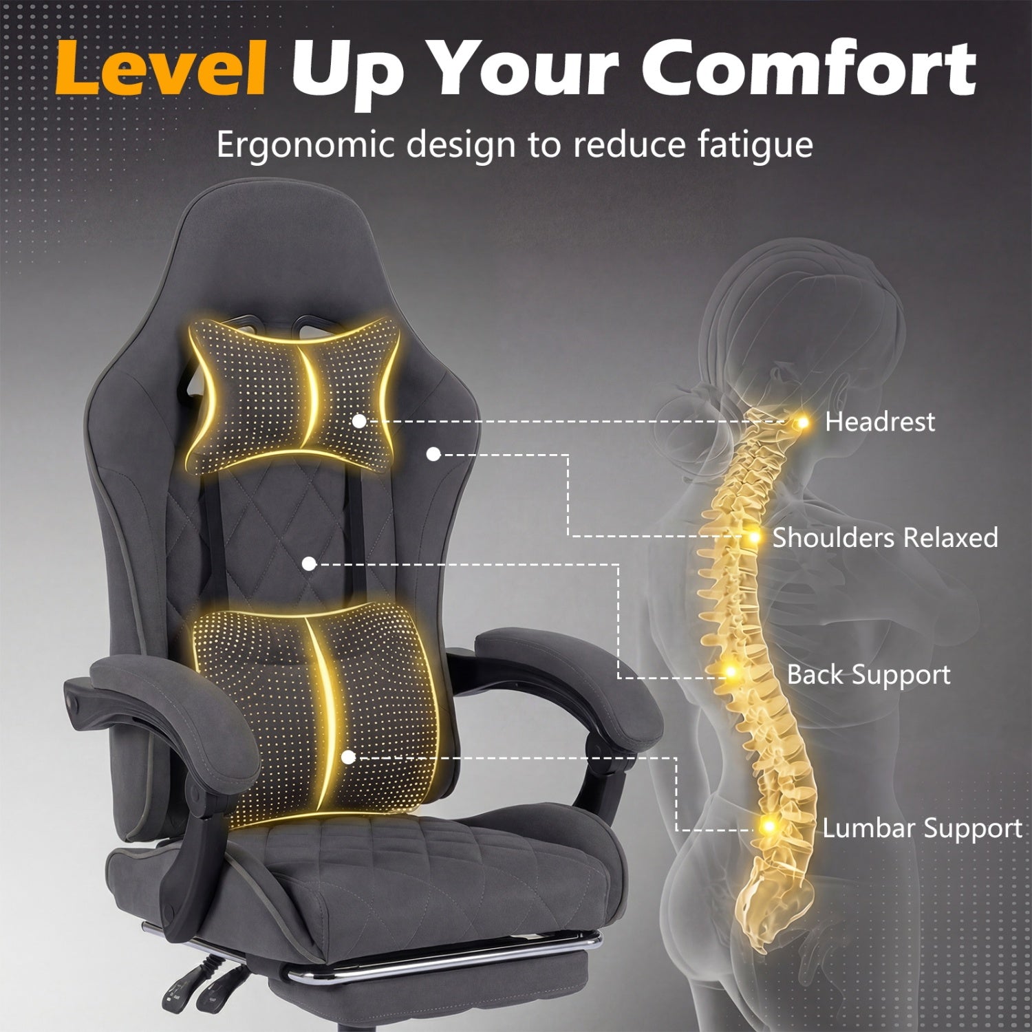 Gaming Chair Height Adjustable Computer Chair with Headrest and Lumbar Support, Gray Gaming Chairs at Gallery Canada