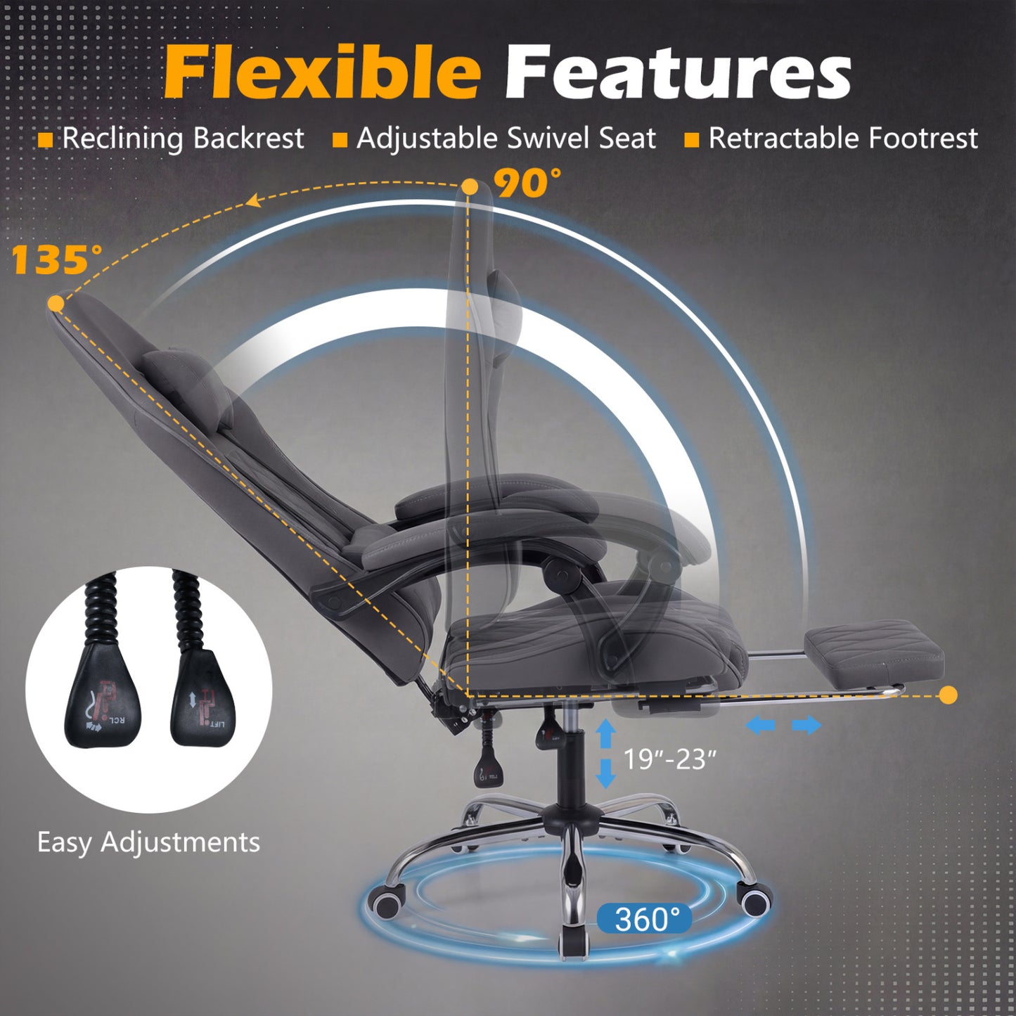 Gaming Chair Height Adjustable Computer Chair with Headrest and Lumbar Support, Gray Gaming Chairs at Gallery Canada