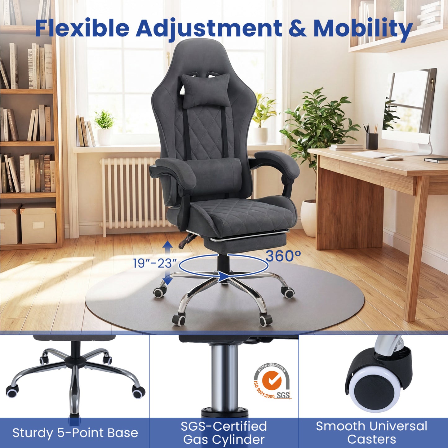 Gaming Chair Height Adjustable Computer Chair with Headrest and Lumbar Support, Gray Gaming Chairs at Gallery Canada