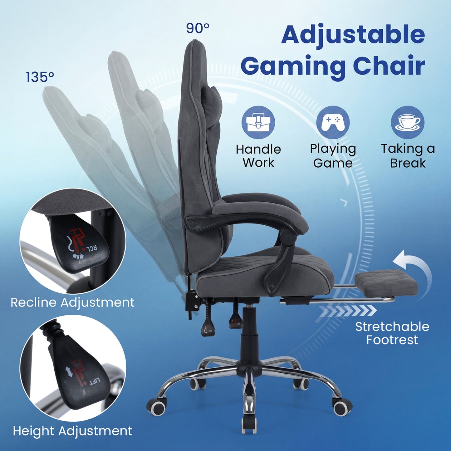 Gaming Chair Height Adjustable Computer Chair with Headrest and Lumbar Support, Gray Gaming Chairs at Gallery Canada