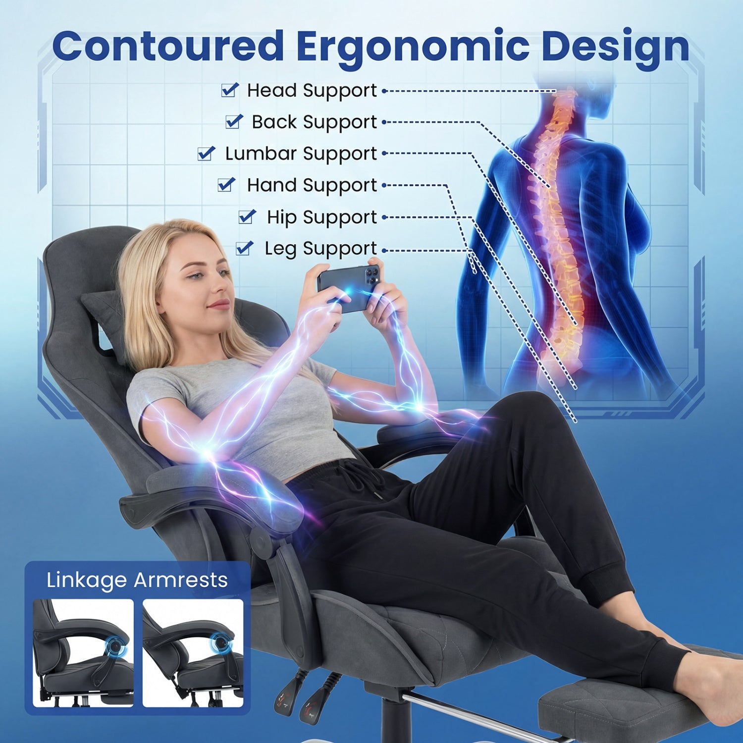 Gaming Chair Height Adjustable Computer Chair with Headrest and Lumbar Support, Gray Gaming Chairs at Gallery Canada
