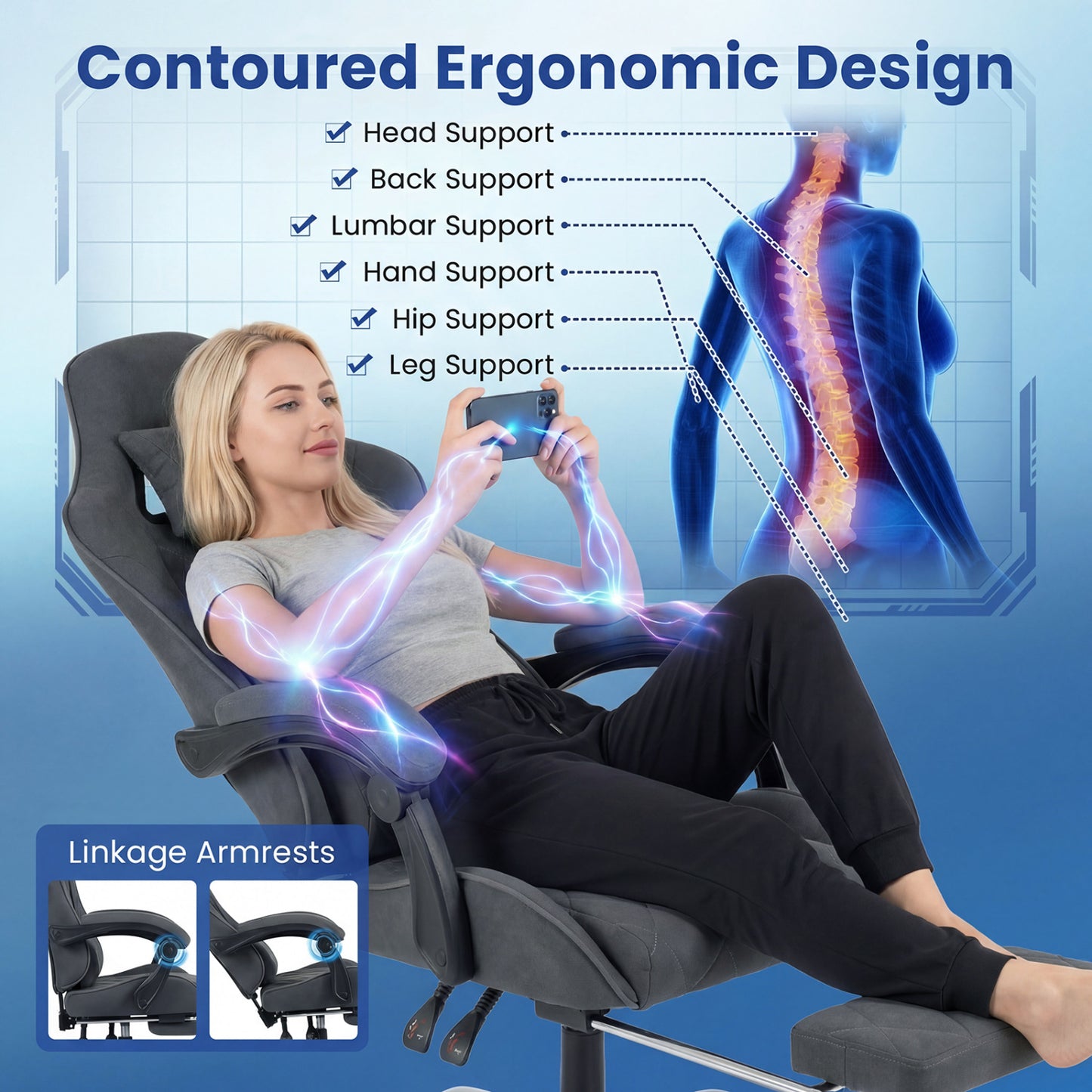 Gaming Chair Height Adjustable Computer Chair with Headrest and Lumbar Support, Gray Gaming Chairs at Gallery Canada