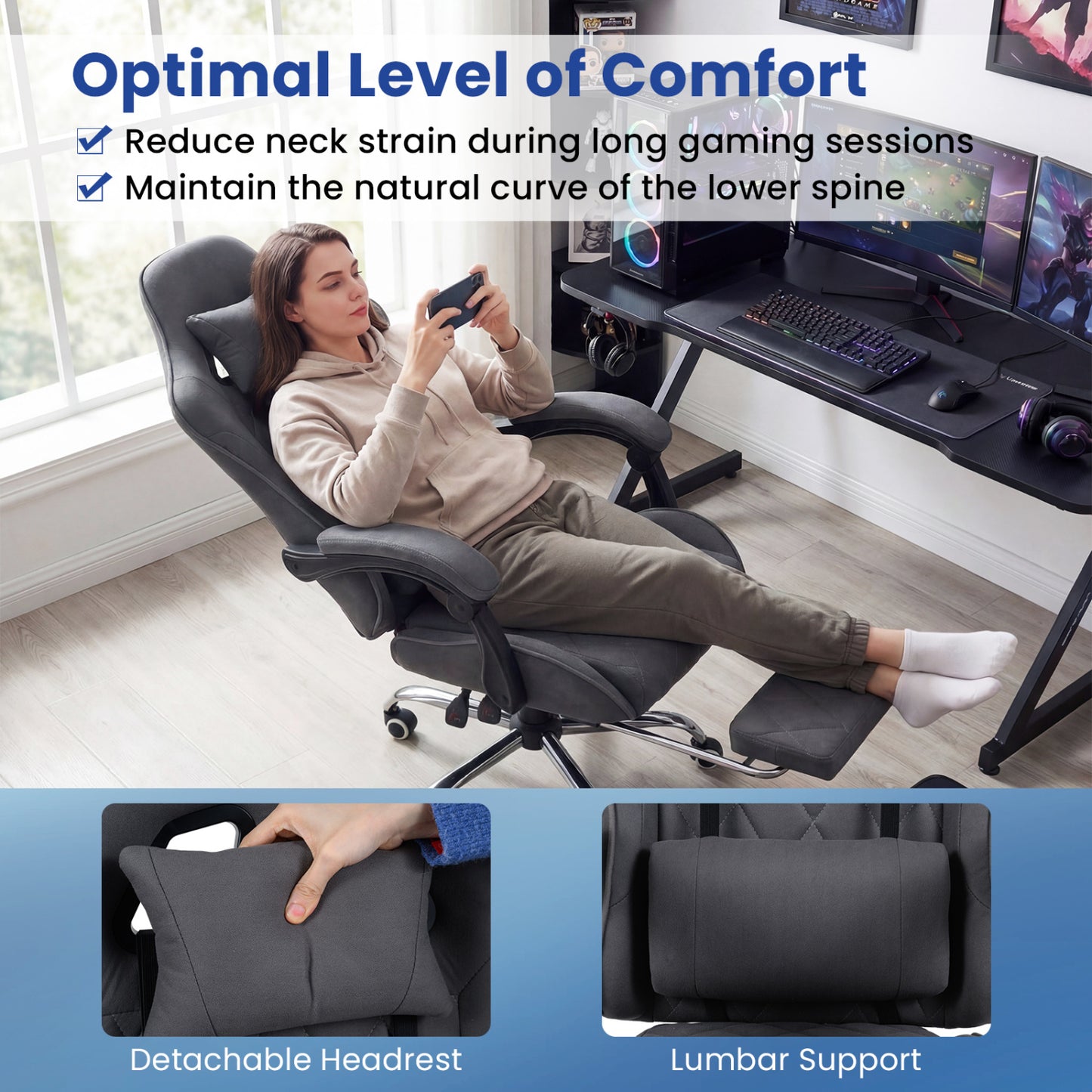 Gaming Chair Height Adjustable Computer Chair with Headrest and Lumbar Support, Gray Gaming Chairs at Gallery Canada