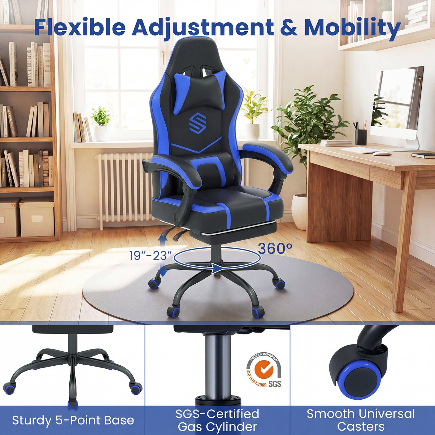 Gaming Chair Height Adjustable Computer Chair with Headrest Ergonomic Office Task Chair, Navy Gaming Chairs at Gallery Canada