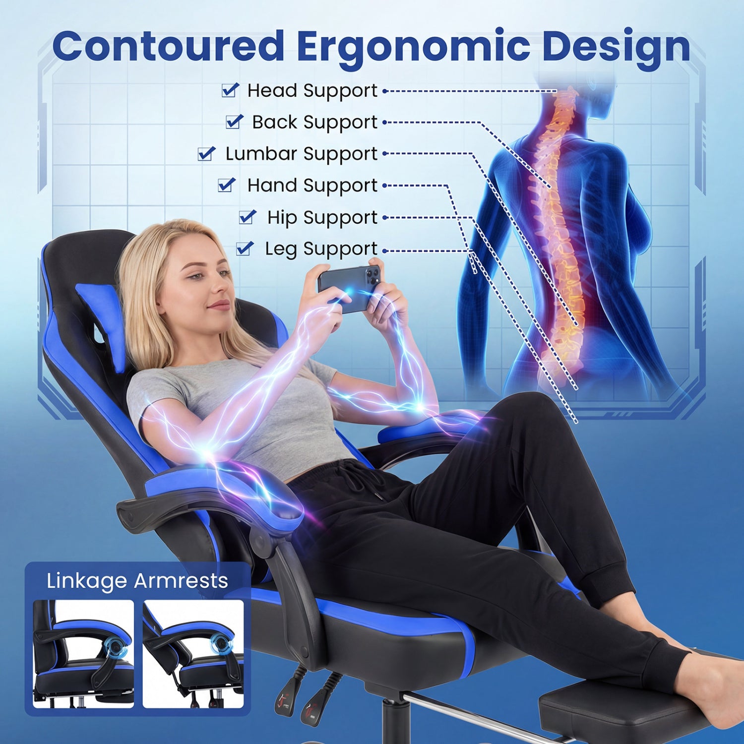 Gaming Chair Height Adjustable Computer Chair with Headrest Ergonomic Office Task Chair, Navy Gaming Chairs at Gallery Canada