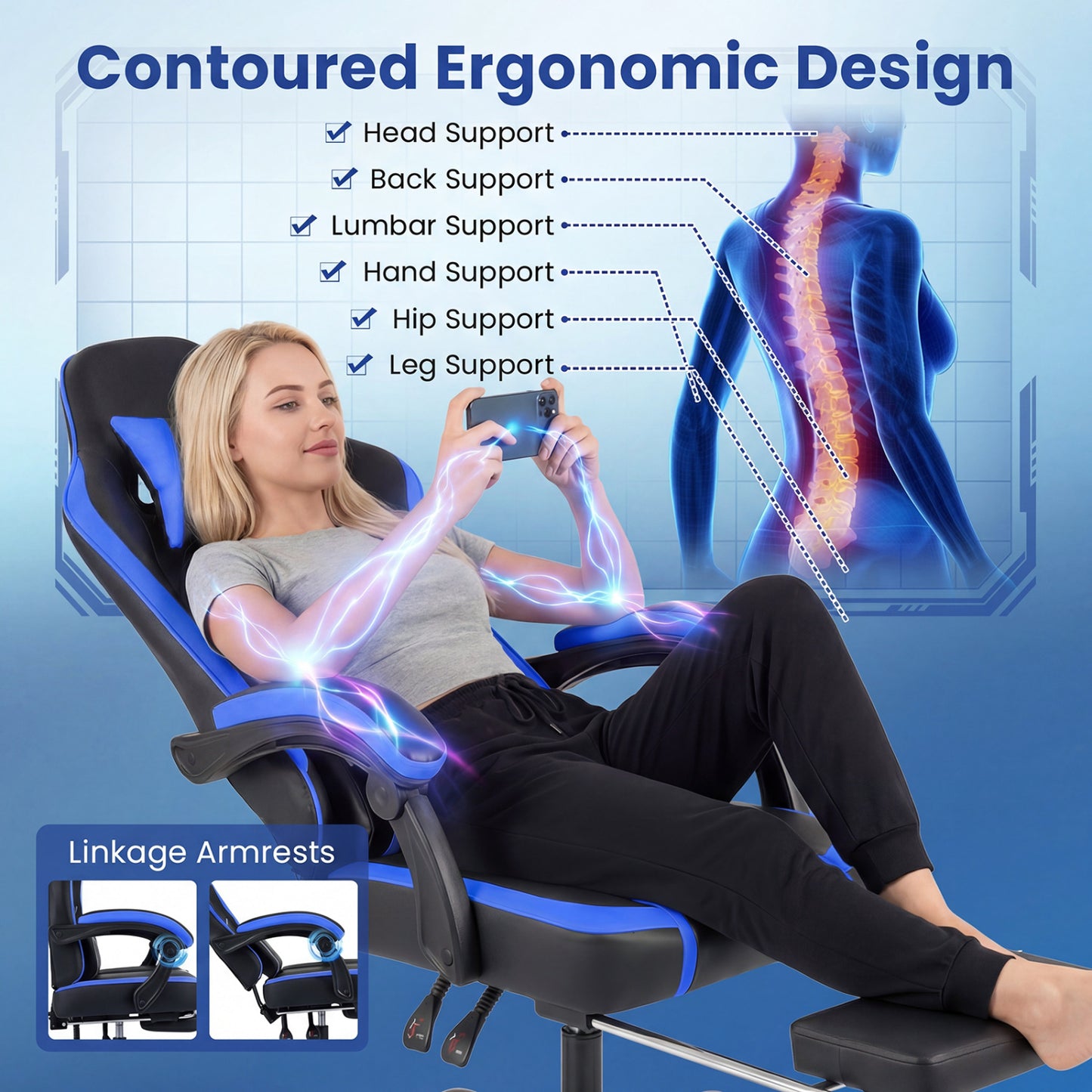 Gaming Chair Height Adjustable Computer Chair with Headrest Ergonomic Office Task Chair, Navy Gaming Chairs at Gallery Canada