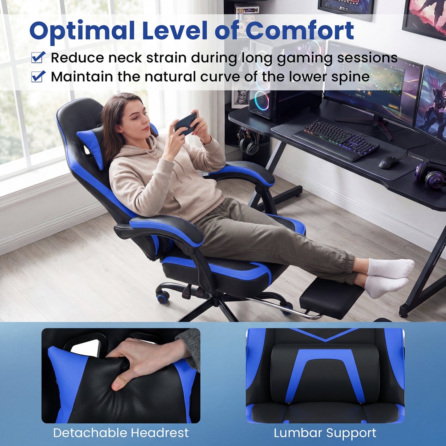 Gaming Chair Height Adjustable Computer Chair with Headrest Ergonomic Office Task Chair, Navy Gaming Chairs at Gallery Canada