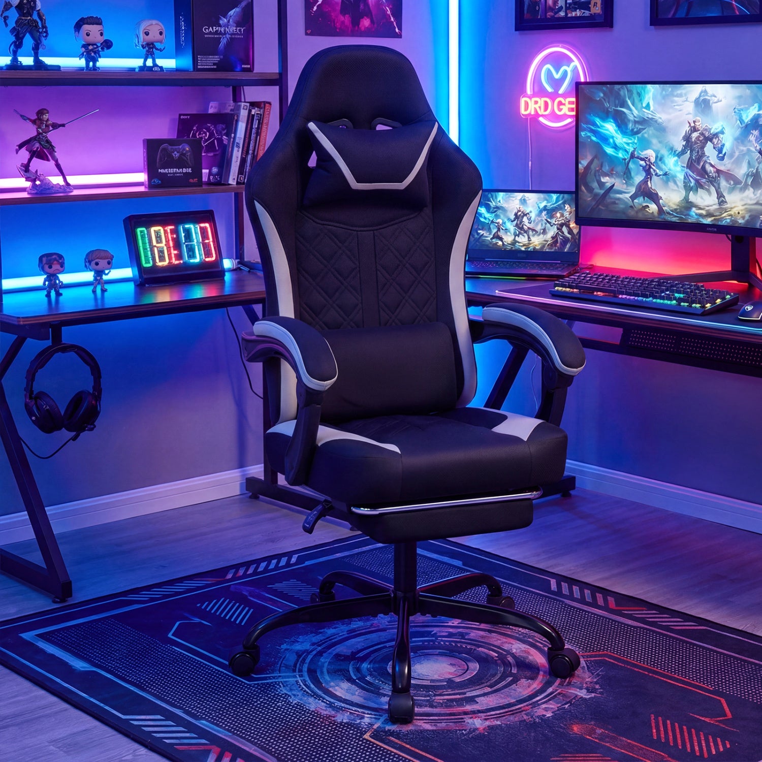 Gaming Chair Height Adjustable Computer Chair with Headrest Footrest & 360° Swivel Seat, Black Gaming Chairs at Gallery Canada