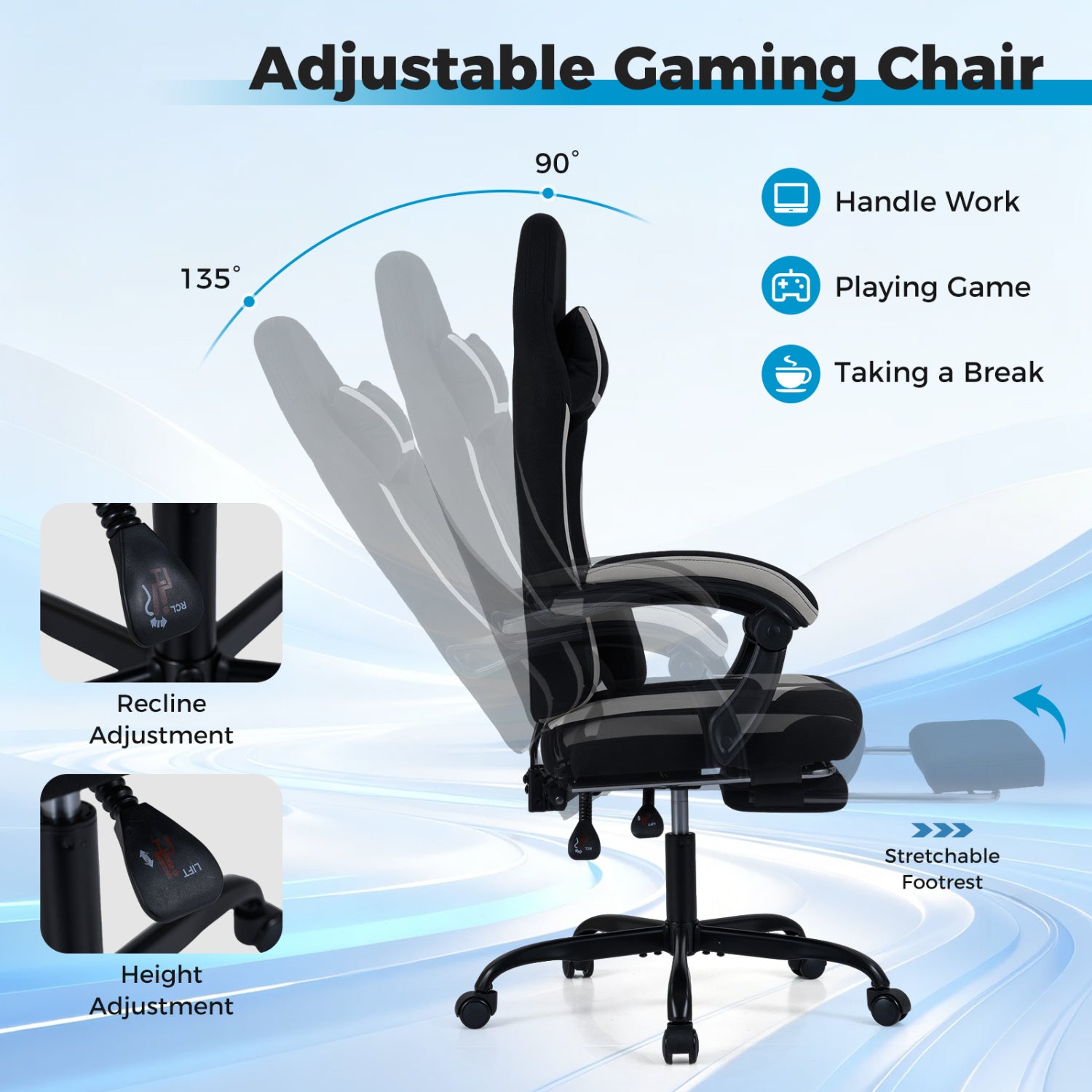Gaming Chair Height Adjustable Computer Chair with Headrest Footrest & 360° Swivel Seat, Black Gaming Chairs at Gallery Canada