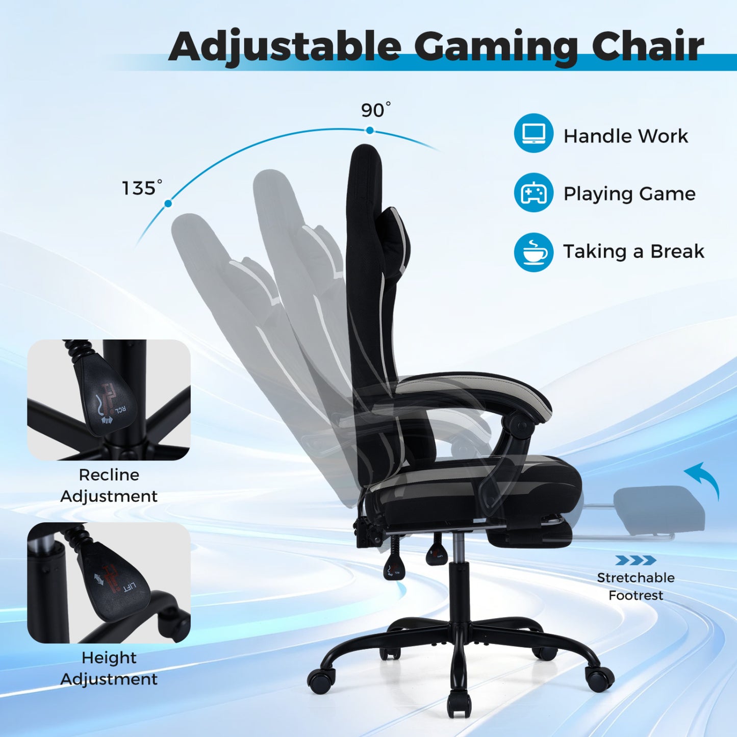 Gaming Chair Height Adjustable Computer Chair with Headrest Footrest & 360° Swivel Seat, Black Gaming Chairs at Gallery Canada
