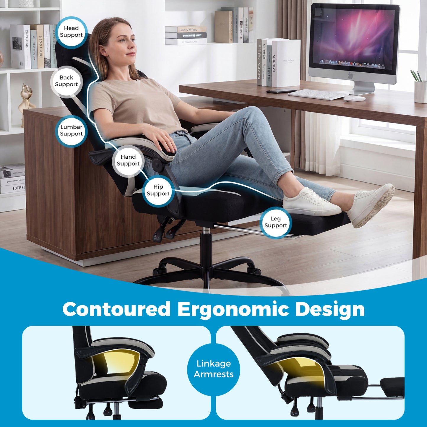 Gaming Chair Height Adjustable Computer Chair with Headrest Footrest & 360° Swivel Seat, Black Gaming Chairs at Gallery Canada