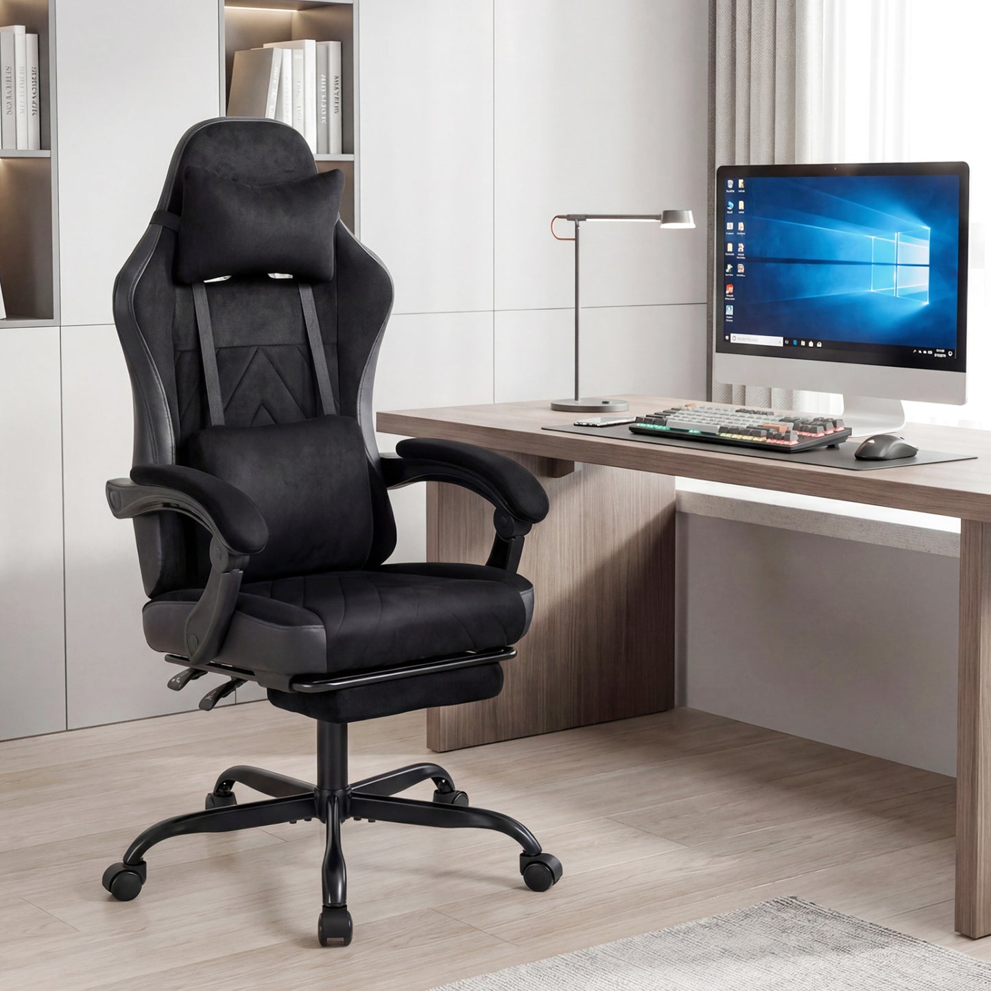Gaming Chair Height Adjustable Computer Chair with Headrest Lumbar Support Linkage Armrests, Black Gaming Chairs at Gallery Canada