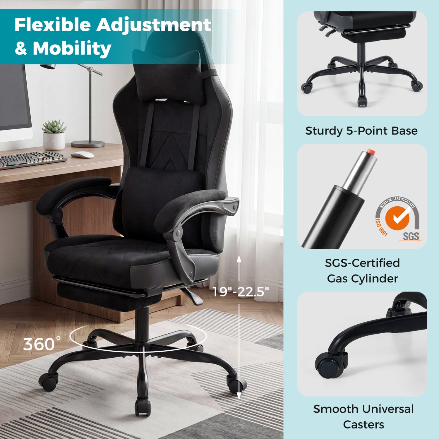 Gaming Chair Height Adjustable Computer Chair with Headrest Lumbar Support Linkage Armrests, Black Gaming Chairs at Gallery Canada