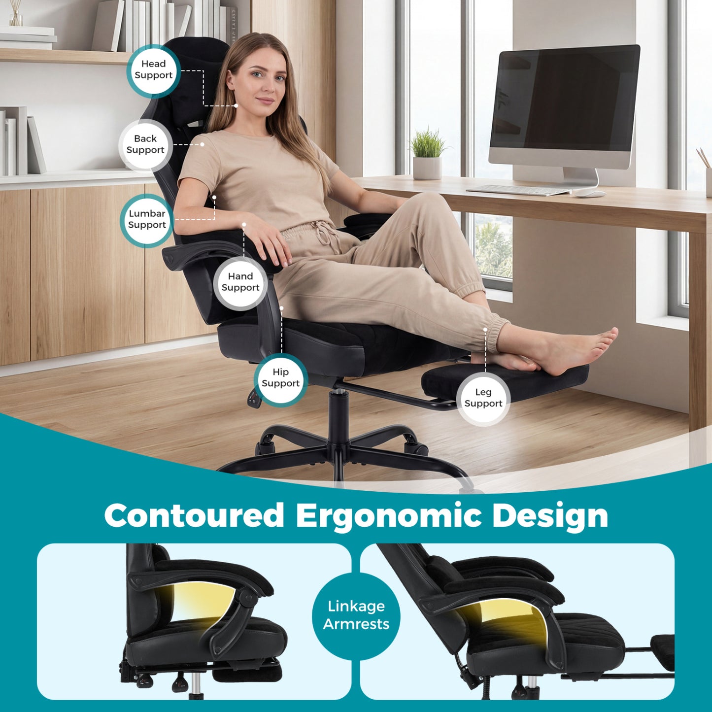 Gaming Chair Height Adjustable Computer Chair with Headrest Lumbar Support Linkage Armrests, Black Gaming Chairs at Gallery Canada