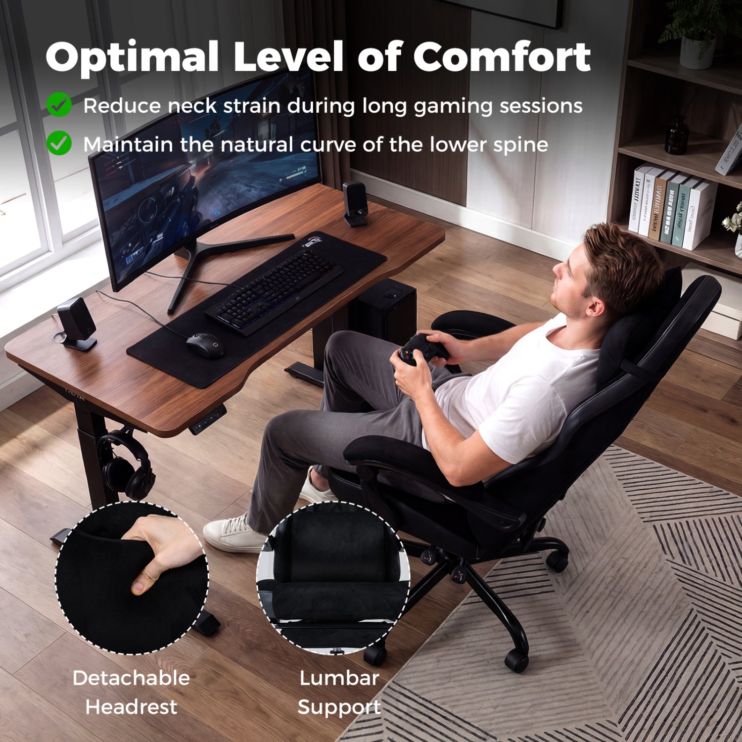 Gaming Chair Height Adjustable Computer Chair with Headrest Lumbar Support Linkage Armrests, Black Gaming Chairs at Gallery Canada