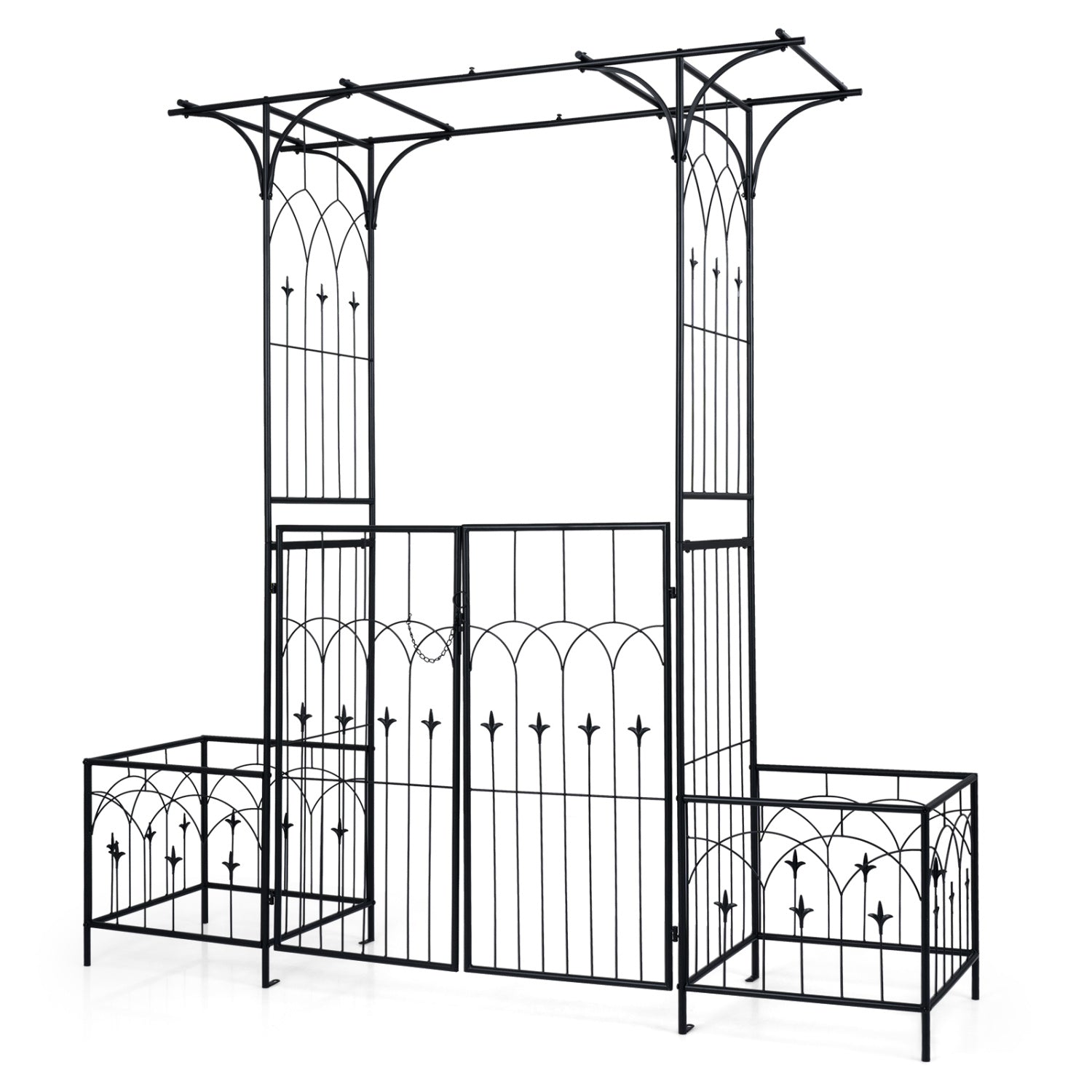 Garden Arbor with Gate & Planter Boxes, Metal Arch Trellis Outdoor Decor Black at Gallery Canada