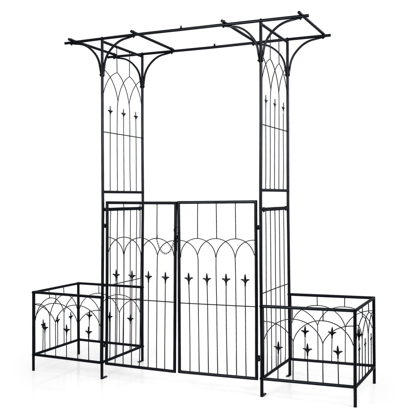 Garden Arbor with Gate & Planter Boxes, Metal Arch Trellis Outdoor Decor Black at Gallery Canada