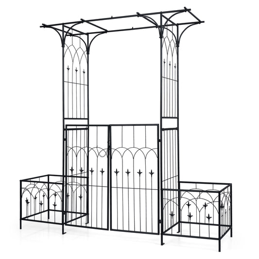 Garden Arbor with Gate & Planter Boxes, Metal Arch Trellis Outdoor Decor Black at Gallery Canada
