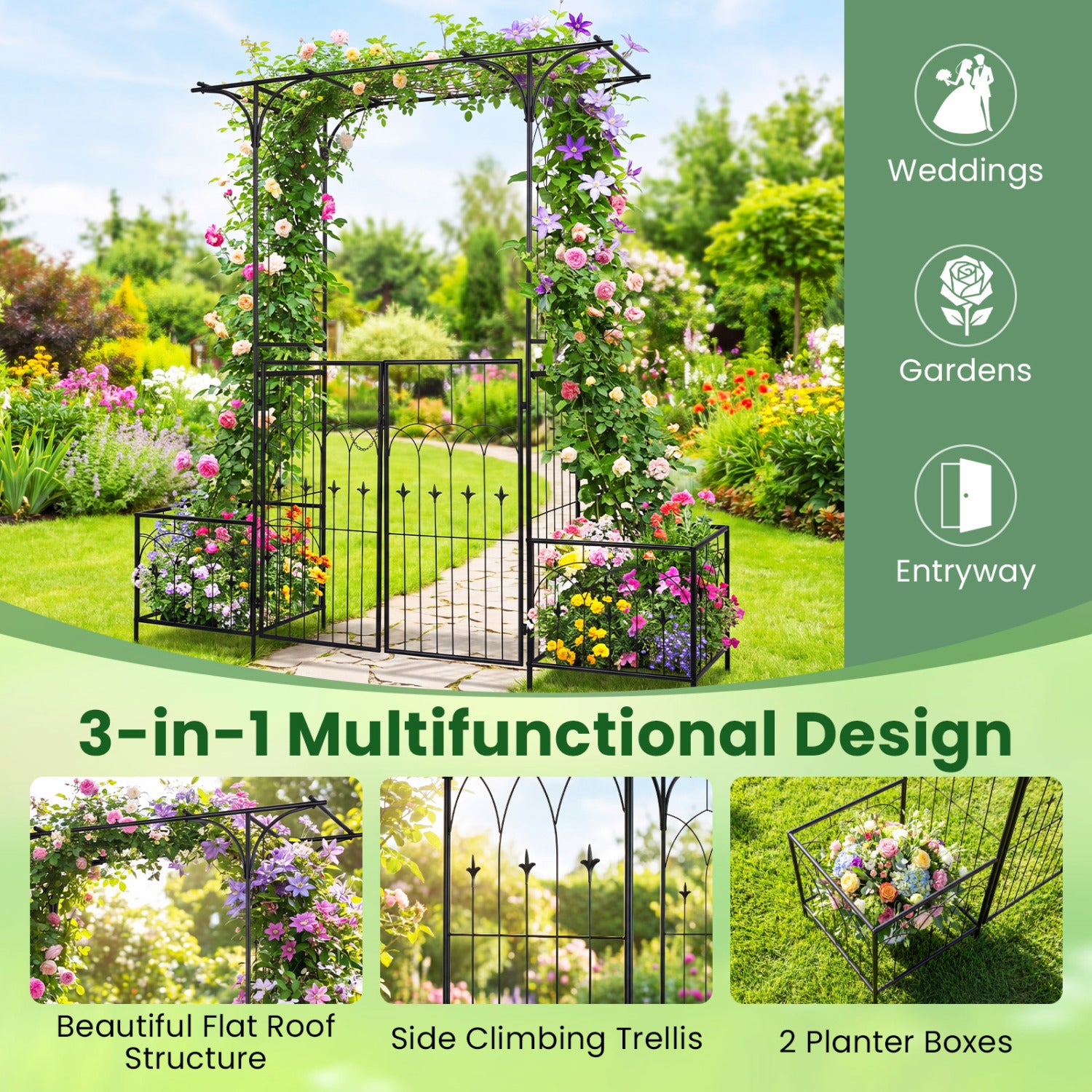 Garden Arbor with Gate & Planter Boxes, Metal Arch Trellis Outdoor Decor at Gallery Canada