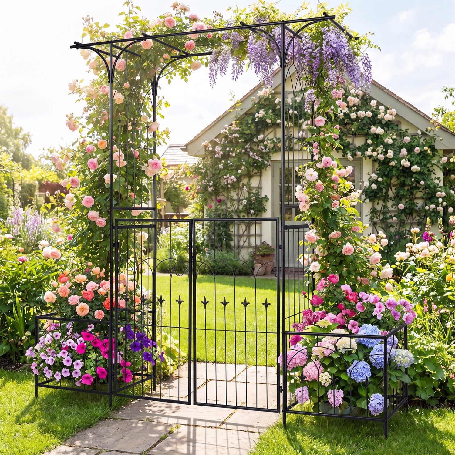 Garden Arbor with Gate & Planter Boxes, Metal Arch Trellis Outdoor Decor at Gallery Canada