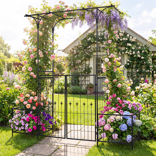 Garden Arbor with Gate & Planter Boxes, Metal Arch Trellis Outdoor Decor Black at Gallery Canada