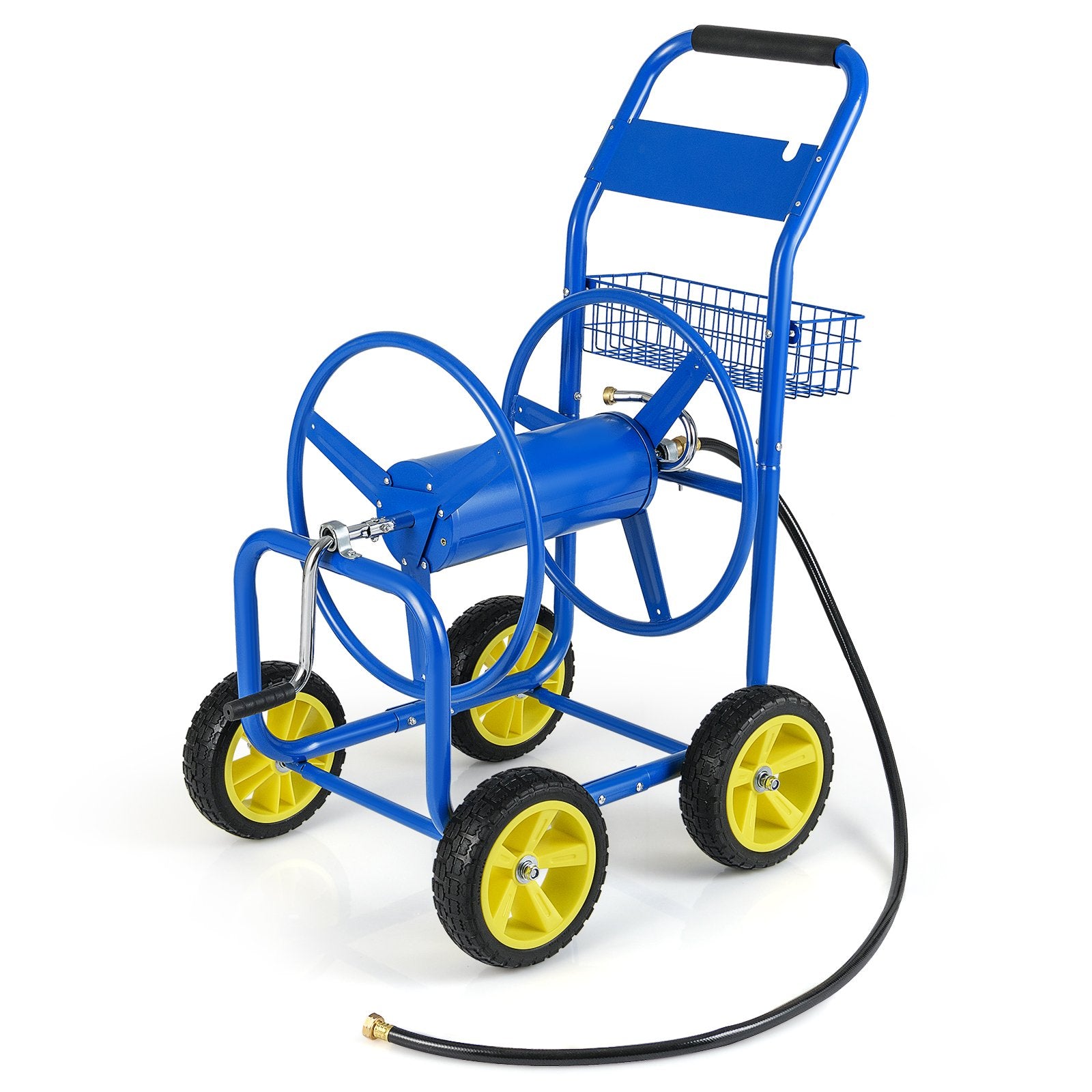 Garden Hose Reel Cart Metal Hose Cart with 4 Wheels and Storage Basket, Blue Watering & Irrigation Blue at Gallery Canada