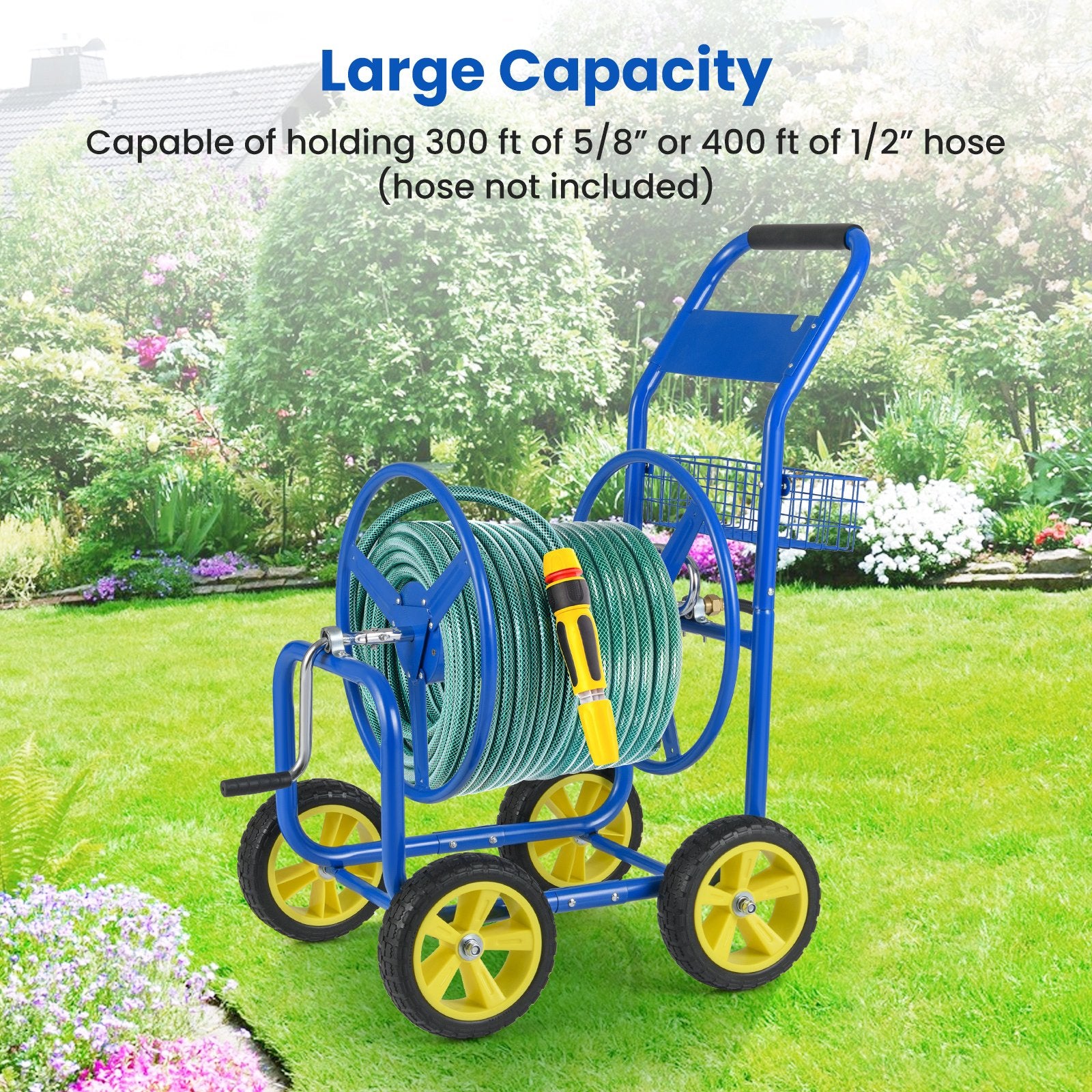 Garden Hose Reel Cart Metal Hose Cart with 4 Wheels and Storage Basket, Blue Watering & Irrigation at Gallery Canada