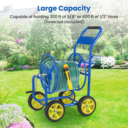 Garden Hose Reel Cart Metal Hose Cart with 4 Wheels and Storage Basket, Blue Watering & Irrigation at Gallery Canada