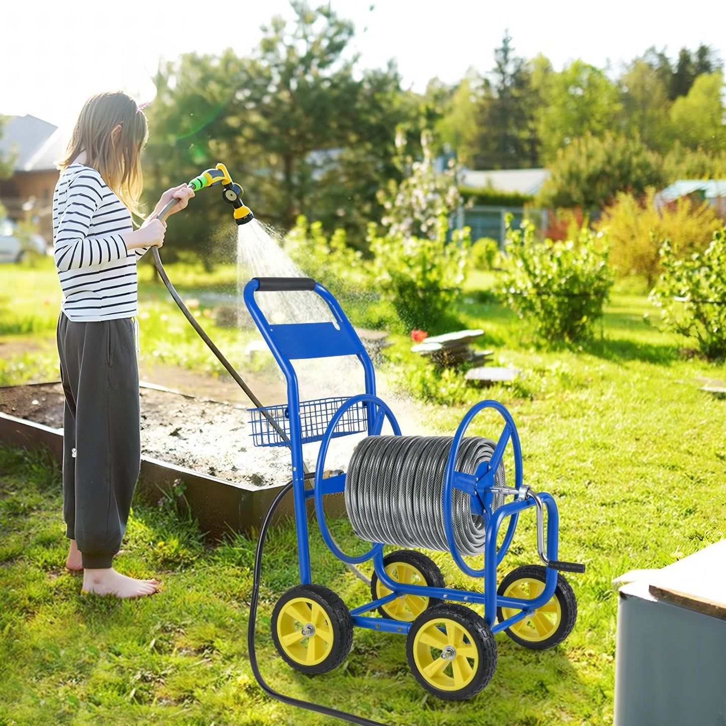 Garden Hose Reel Cart Metal Hose Cart with 4 Wheels and Storage Basket, Blue Watering & Irrigation at Gallery Canada