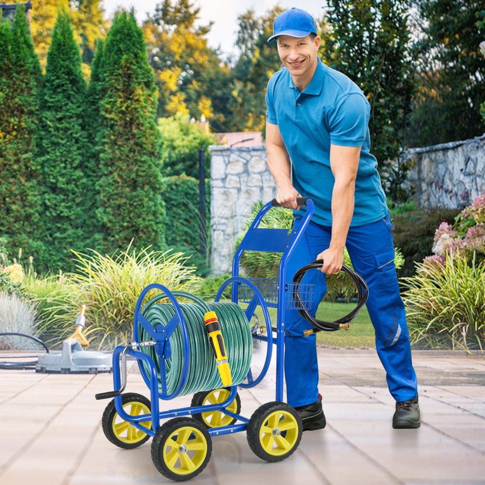 Garden Hose Reel Cart Metal Hose Cart with 4 Wheels and Storage Basket, Blue Watering & Irrigation at Gallery Canada