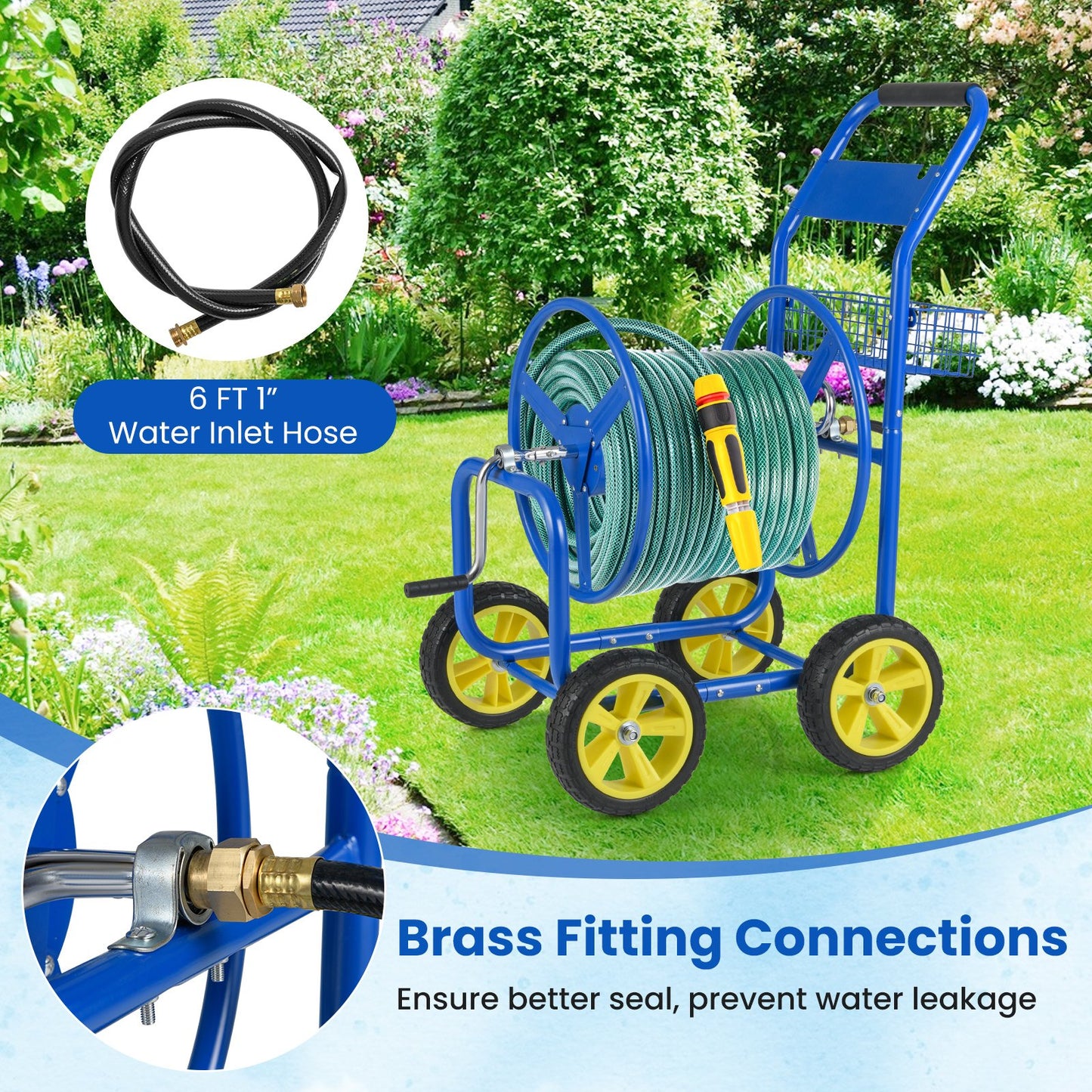 Garden Hose Reel Cart Metal Hose Cart with 4 Wheels and Storage Basket, Blue Watering & Irrigation at Gallery Canada