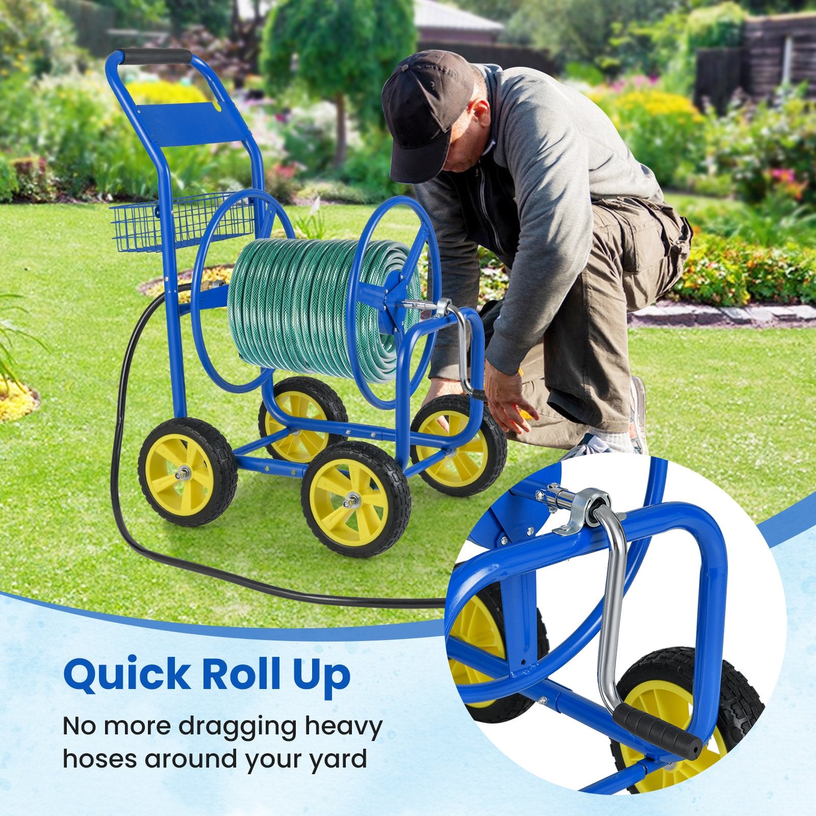 Garden Hose Reel Cart Metal Hose Cart with 4 Wheels and Storage Basket, Blue Watering & Irrigation at Gallery Canada